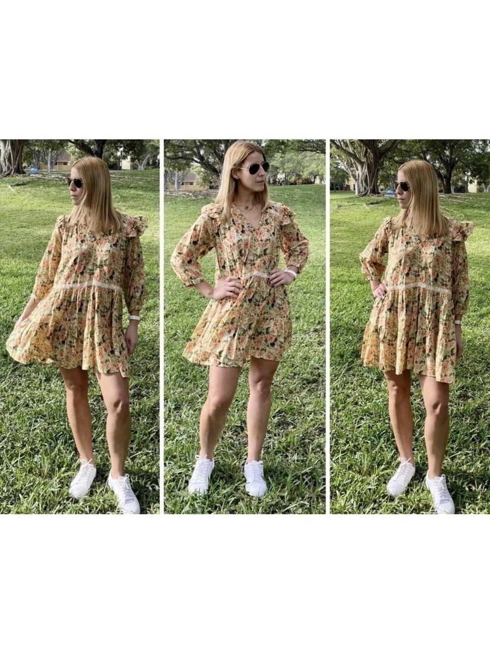 Zara pink green floral flower ruffle crochet babydoll mini dress prairie S NWT